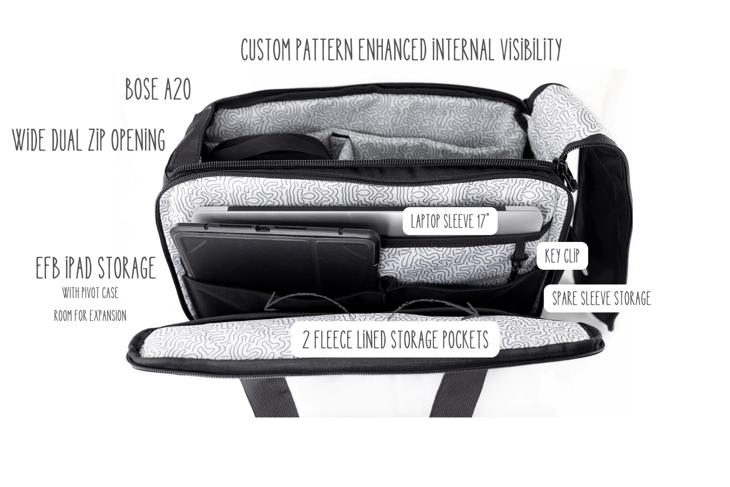Flight Bag - Nav & Co Bag open showing iPad Laptop and Aviation Headset all located inside