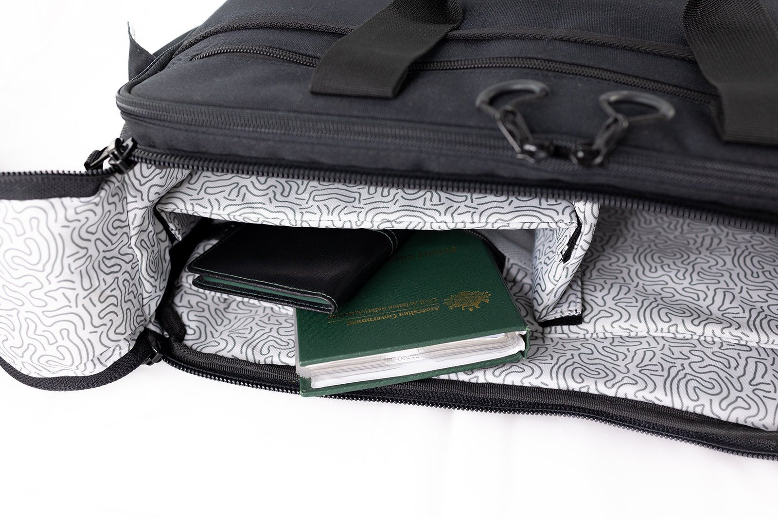 Nav & Co Flight Bag on its side showing licence and passport wallet storage 